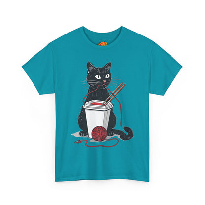 Black Cat w/Noodles + Yarn Ball Art Drawing Tee Shirt