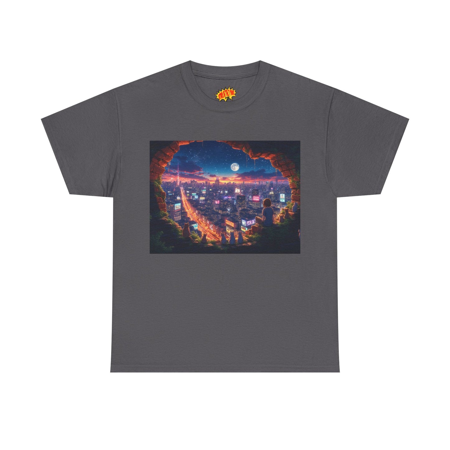 Anime Neon City Nighttime Scene w/Girl & Cats T-Shirt *Multiple Colors*