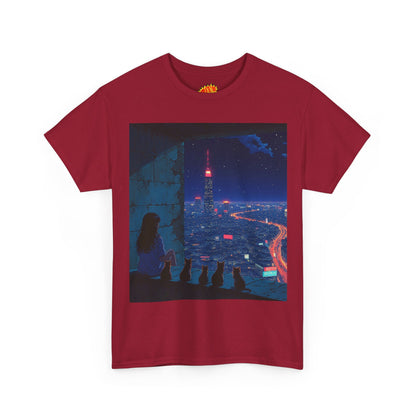 Anime Cityscape Night Scene w/Girl & Cats T-Shirt