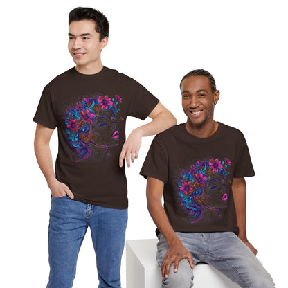 Multicolor Line Drawing Human Flower Graphic Art Tee Shirt