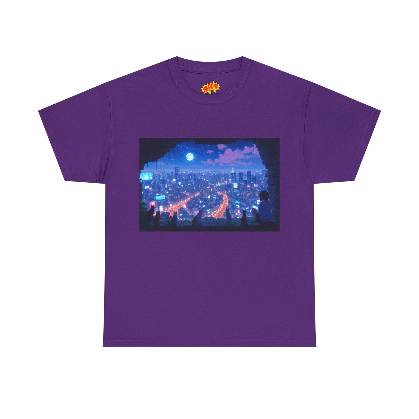 Anime Neon Cityscape Night Scene w/Girl & Cats T-Shirt *Multiple Colors*