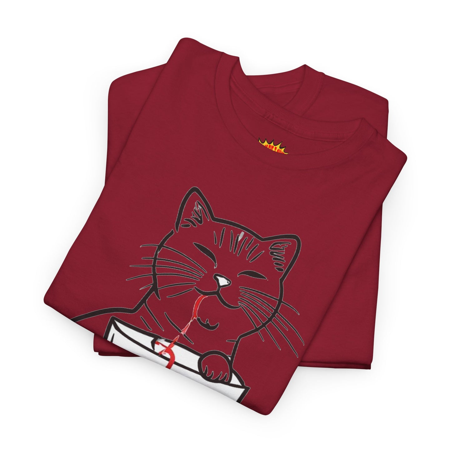 Cat w/Noodle Cup + Yarn Ball Art Drawing Tee Shirt *Multiple Colors*