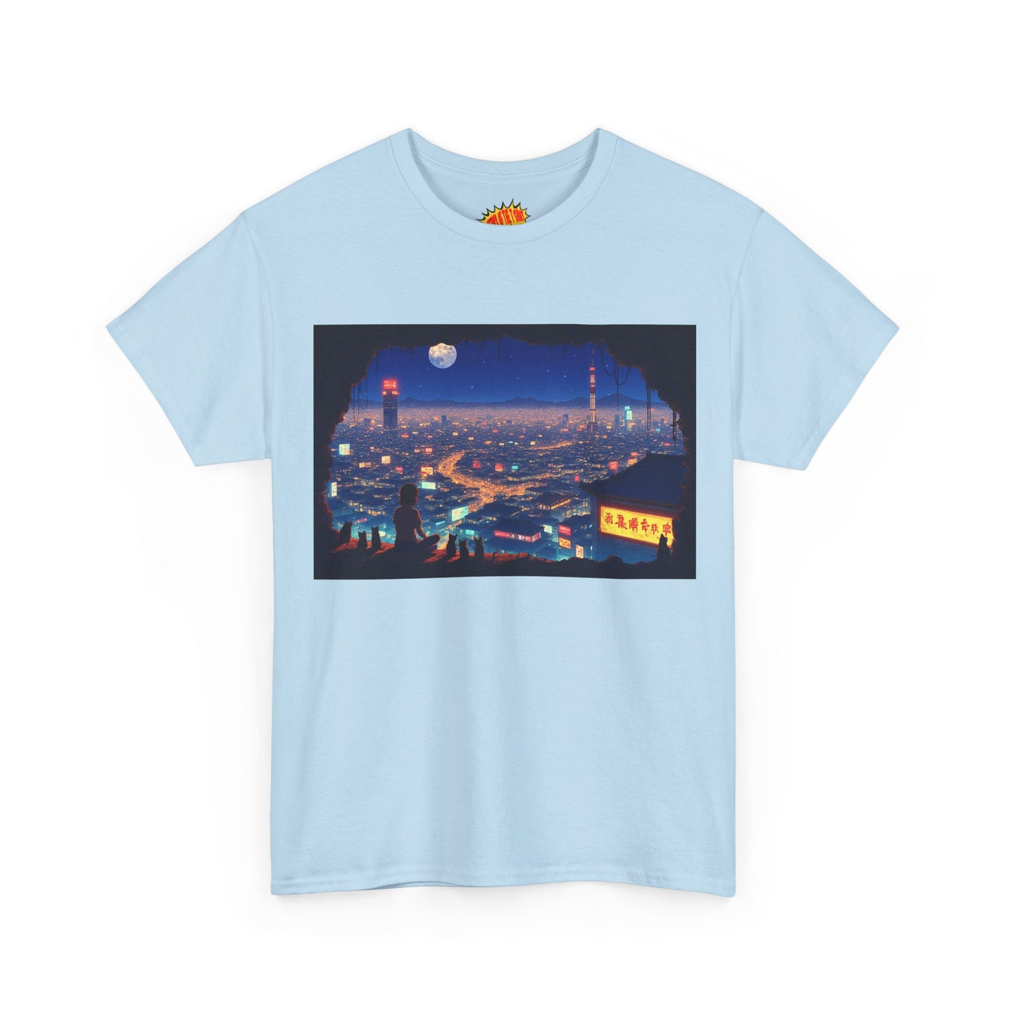 Anime Neon Cityscape Scene w/Girl & Cats T-Shirt *Multiple Colors*