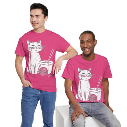 Happy Cat w/Noodles + Yarn Ball Art Drawing Tee Shirt