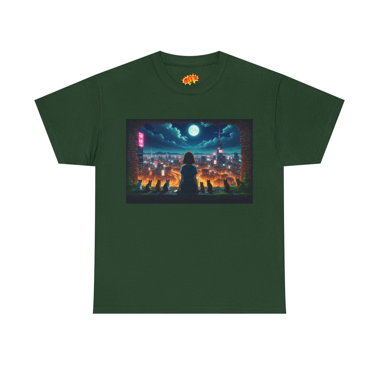 Anime Neon City Night Scene w/Girl & Cats T-Shirt *Multiple Colors*