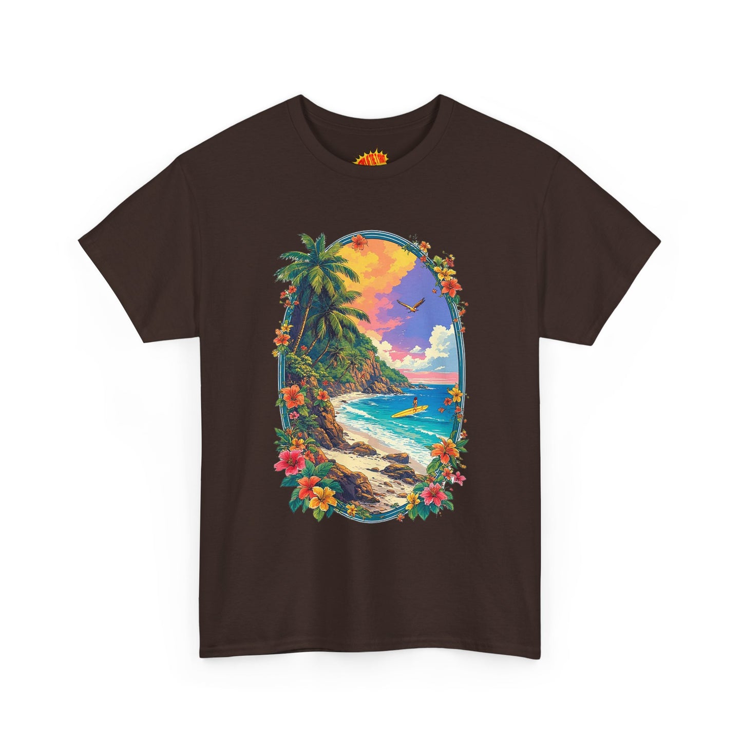 Tropical Beach Scene w/Oval Floral Frame T-Shirt *Multiple Colors*