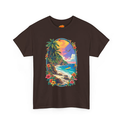 Tropical Beach Scene w/Oval Floral Frame T-Shirt