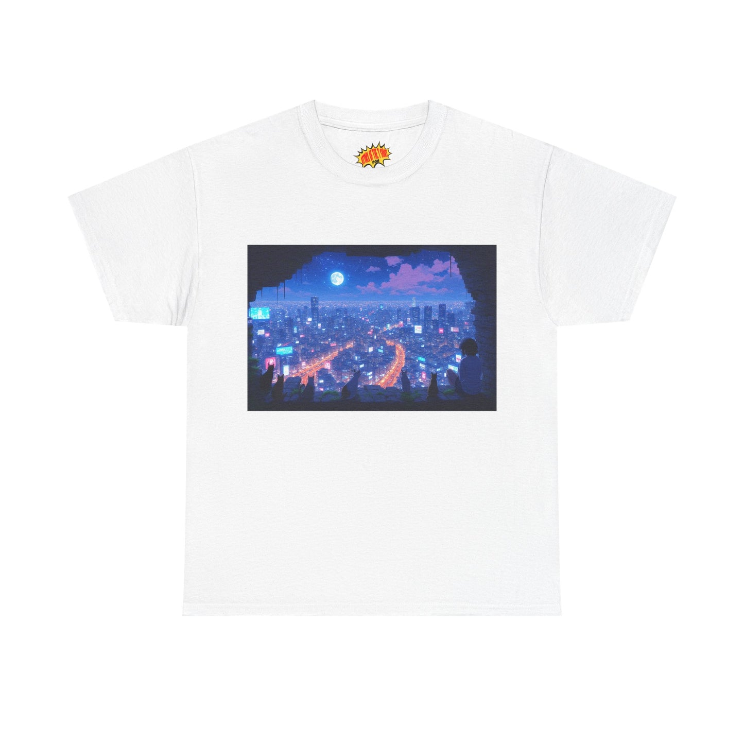 Anime Neon Cityscape Night Scene w/Girl & Cats T-Shirt *Multiple Colors*