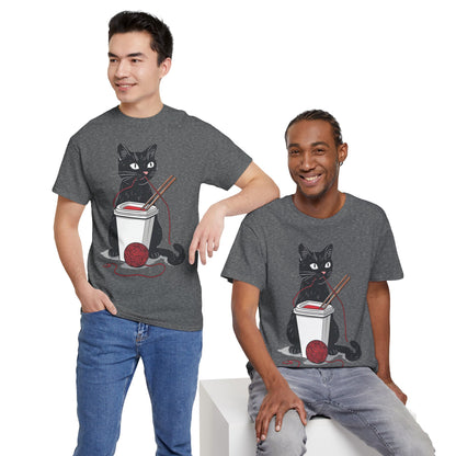 Black Cat w/Noodles + Yarn Ball Art Drawing Tee Shirt