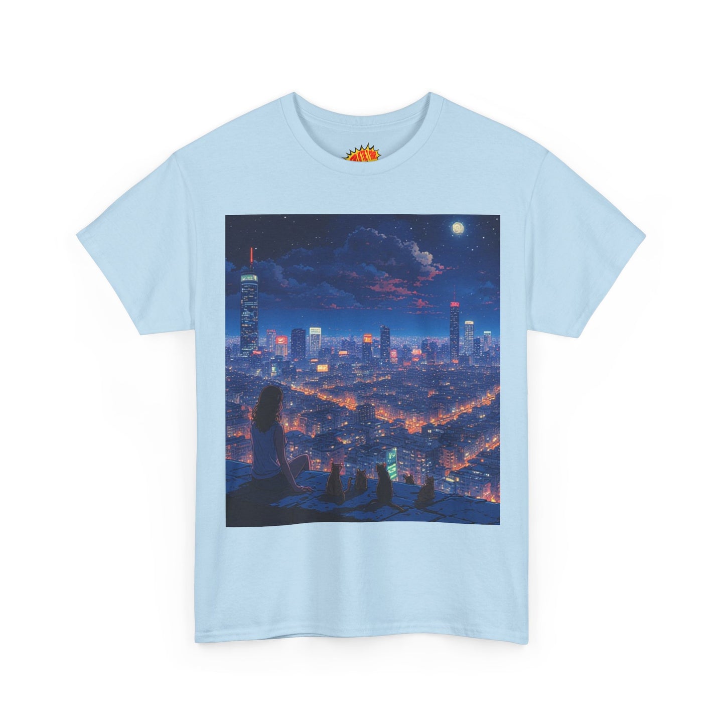 Neon Anime Cityscape Scene w/Girl & Cats T-Shirt *Multiple Colors*