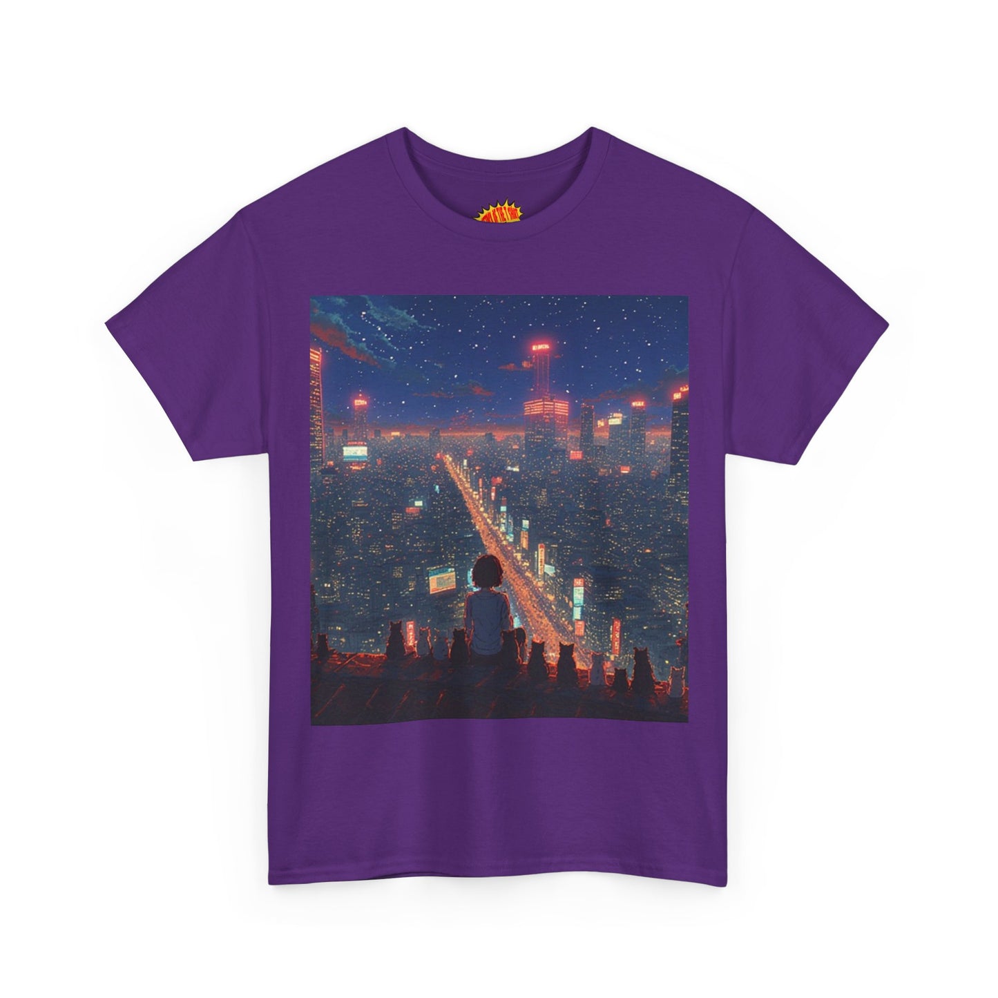 Nighttime Neon Anime City Scene w/Girl & Cats T-Shirt *Multiple Colors*