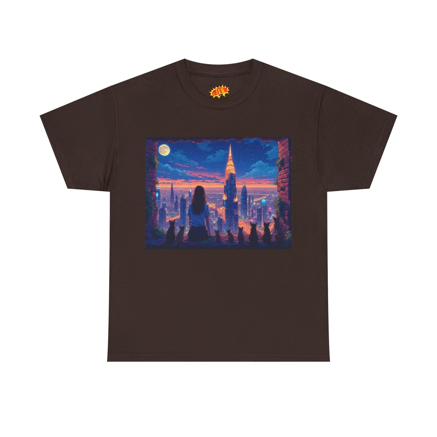 Anime Neon City Full Moon Scene w/Girl & Cats T-Shirt *Multiple Colors*