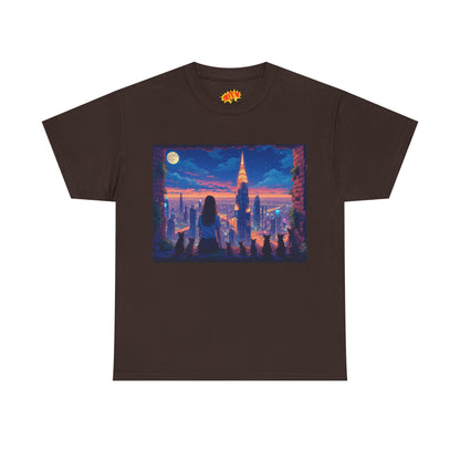Anime Neon City Full Moon Scene w/Girl & Cats T-Shirt