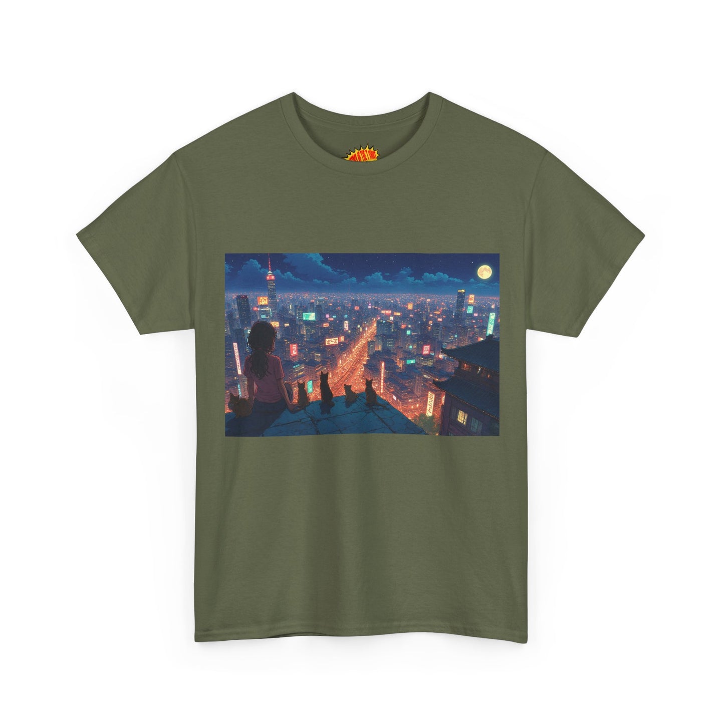 Anime Neon Cityscape Scene w/Girl & Cats T-Shirt *Multiple Colors*