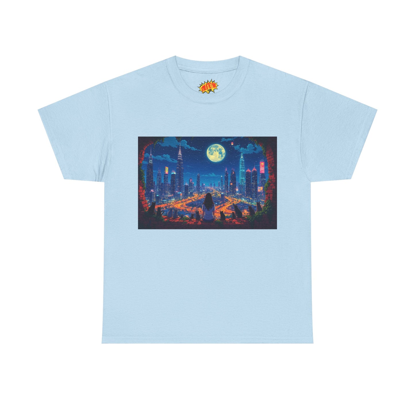 Anime City Night Scene w/Girl & Cats T-Shirt *Multiple Colors*