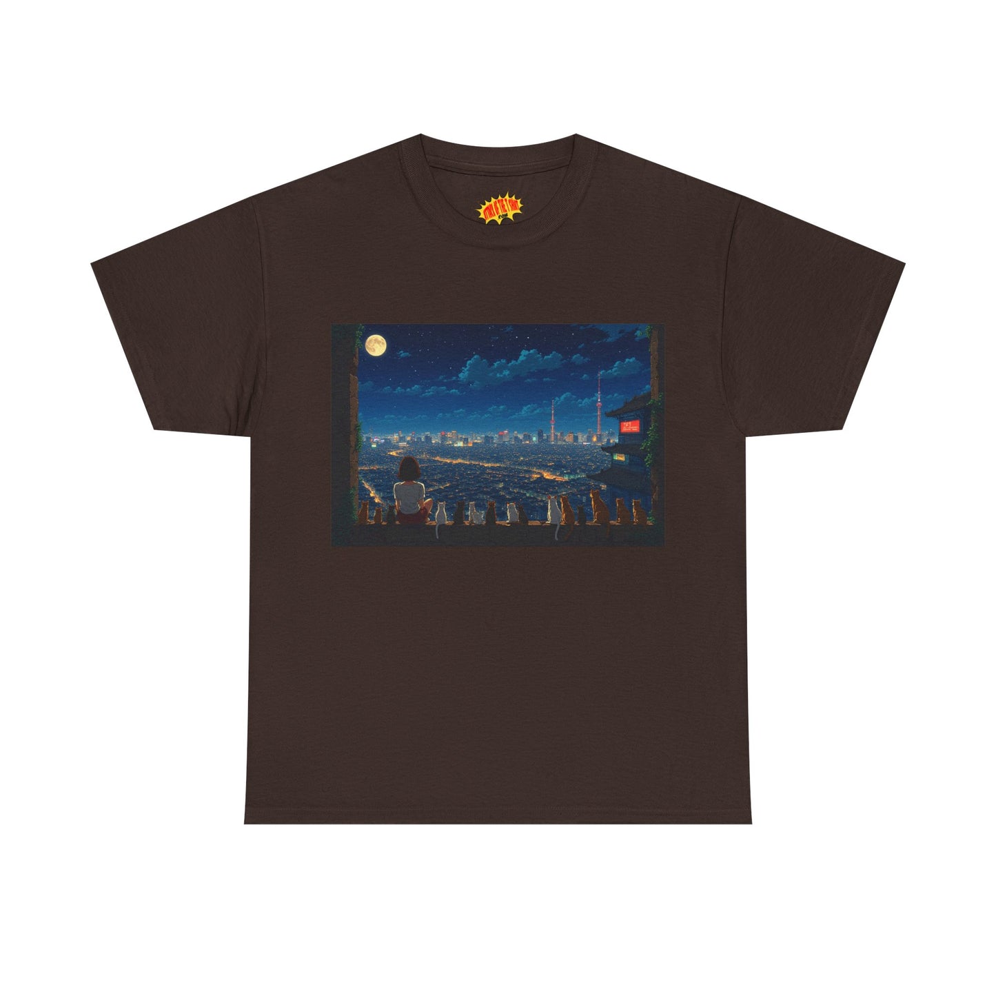 Anime City Night Sky Scene w/Girl & Cats T-Shirt *Multiple Colors*