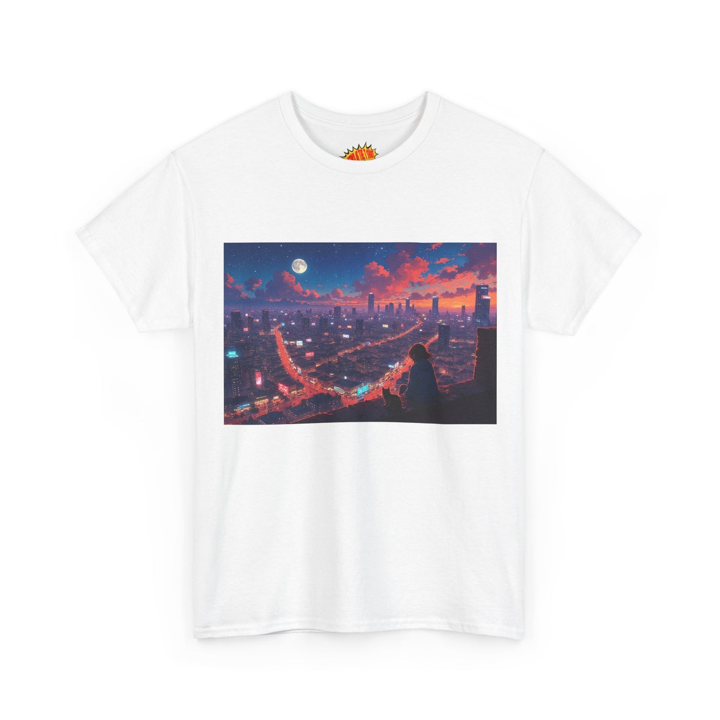 Anime City Neon Night Sky Scene w/Girl & Cats T-Shirt *Multiple Colors*