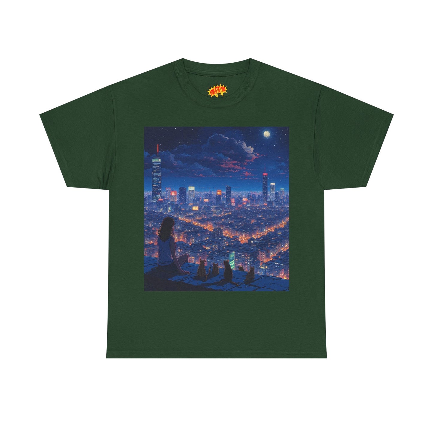 Neon Anime Cityscape Scene w/Girl & Cats T-Shirt *Multiple Colors*