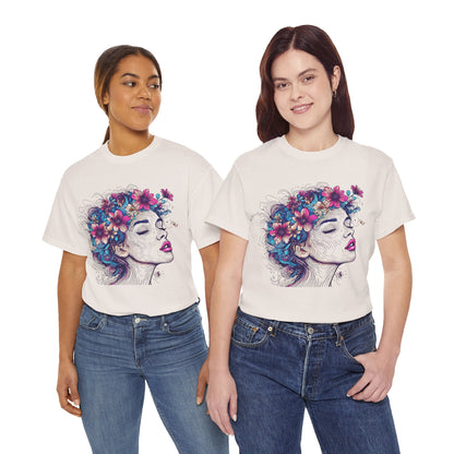 Multicolor Line Drawing Human Flower Graphic Art Tee Shirt