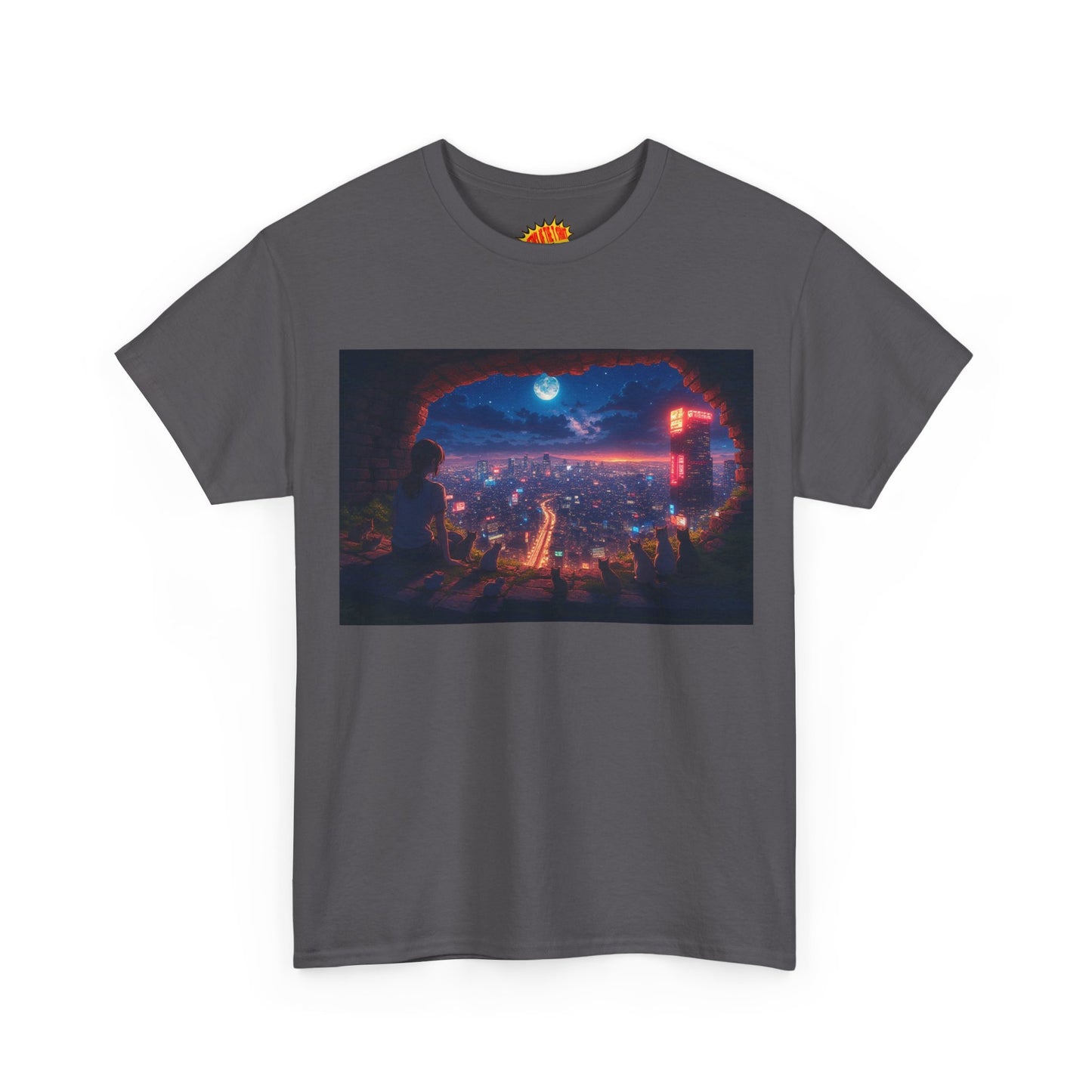 Anime Neon Cityscape Nighttime Scene w/Girl & Cats T-Shirt *Multiple Colors*