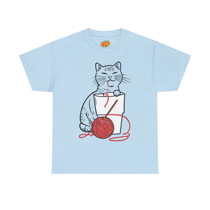Cat w/Noodle Cup + Yarn Ball Art Drawing Tee Shirt