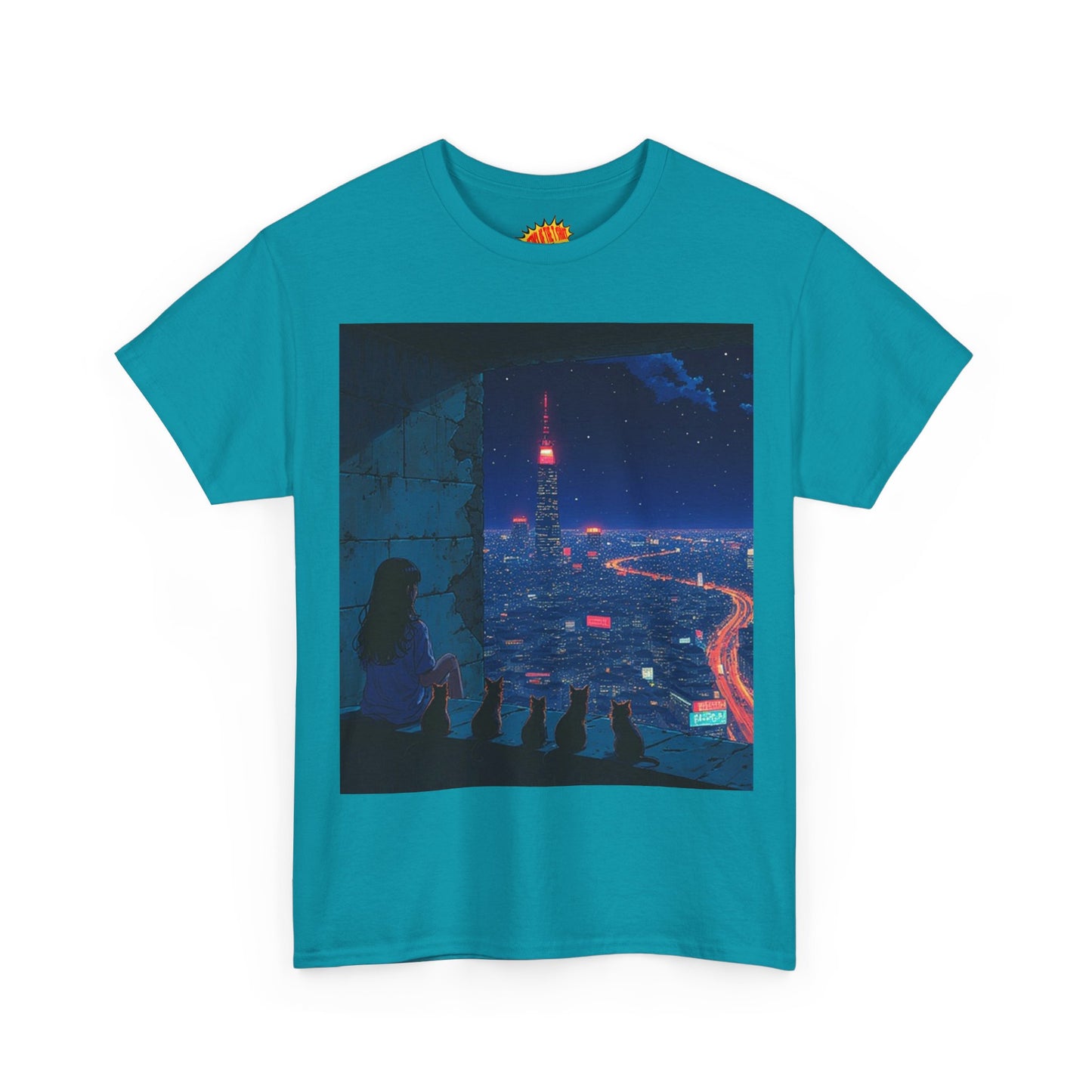 Anime Cityscape Night Scene w/Girl & Cats T-Shirt *Multiple Colors*