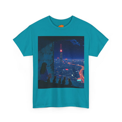 Anime Cityscape Night Scene w/Girl & Cats T-Shirt