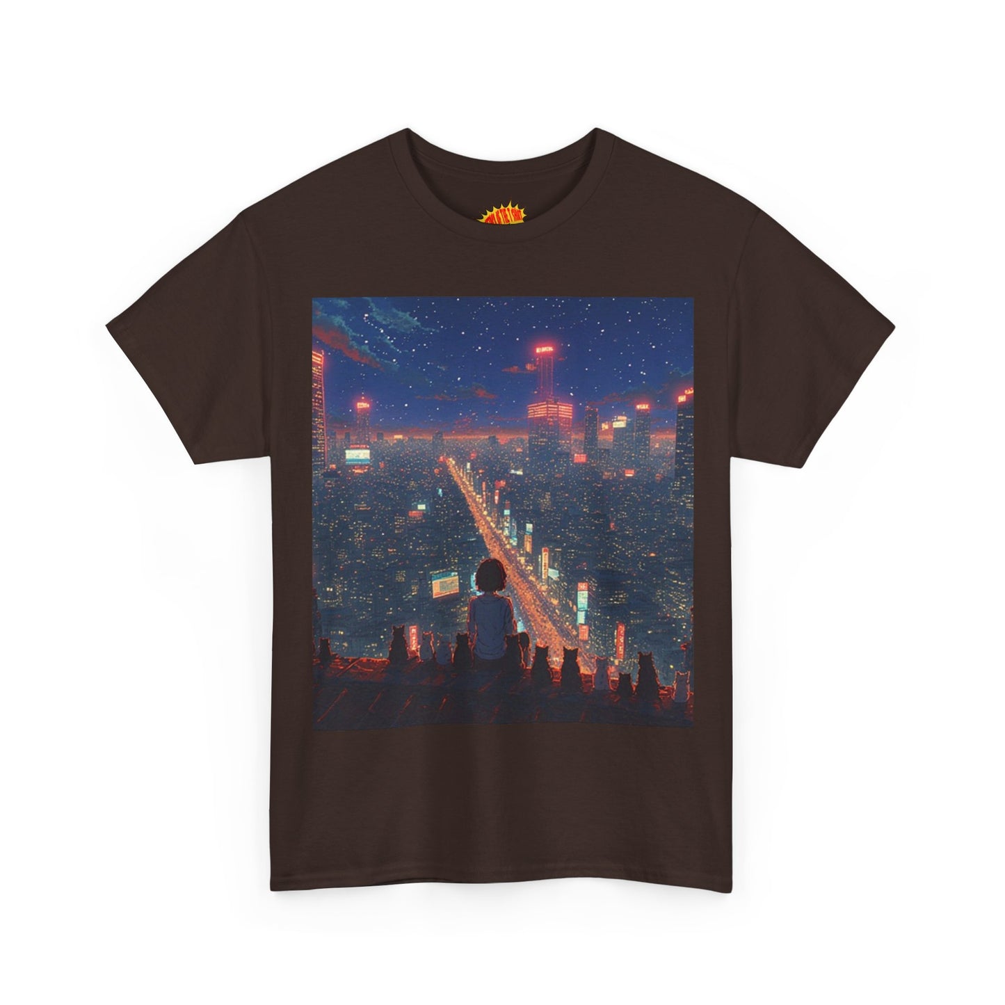 Nighttime Neon Anime City Scene w/Girl & Cats T-Shirt *Multiple Colors*
