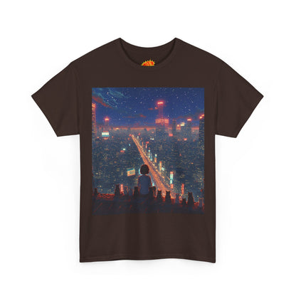 Nighttime Neon Anime City Scene w/Girl & Cats T-Shirt