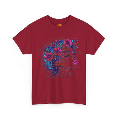 Multicolor Line Drawing Human Flower Graphic Art Tee Shirt