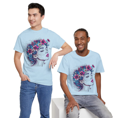 Multicolor Line Drawing Human Flower Graphic Art Tee Shirt
