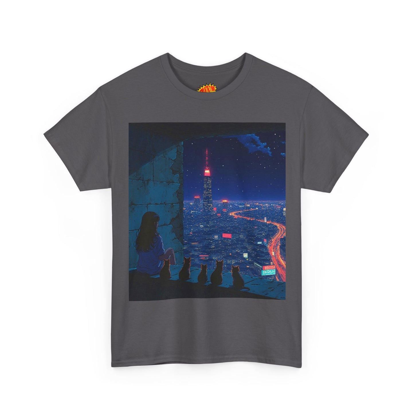 Anime Cityscape Night Scene w/Girl & Cats T-Shirt *Multiple Colors*