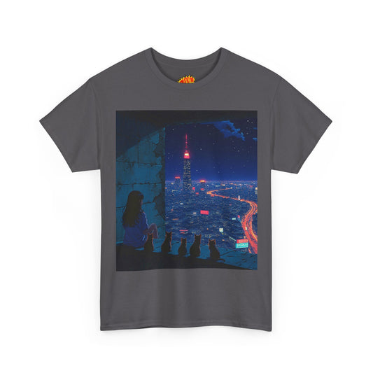 Anime Cityscape Night Scene w/Girl & Cats T-Shirt *Multiple Colors*