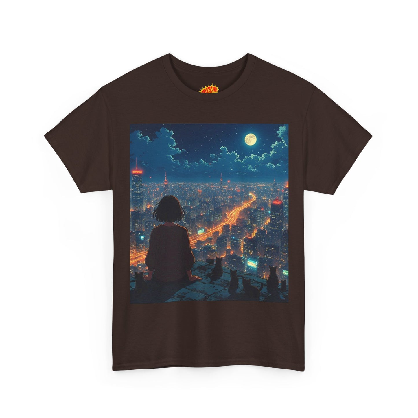 Neon City Anime Night Scene w/Girl & Cats T-Shirt *Multiple Colors*