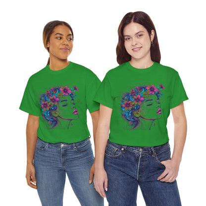Multicolor Line Drawing Human Flower Graphic Art Tee Shirt
