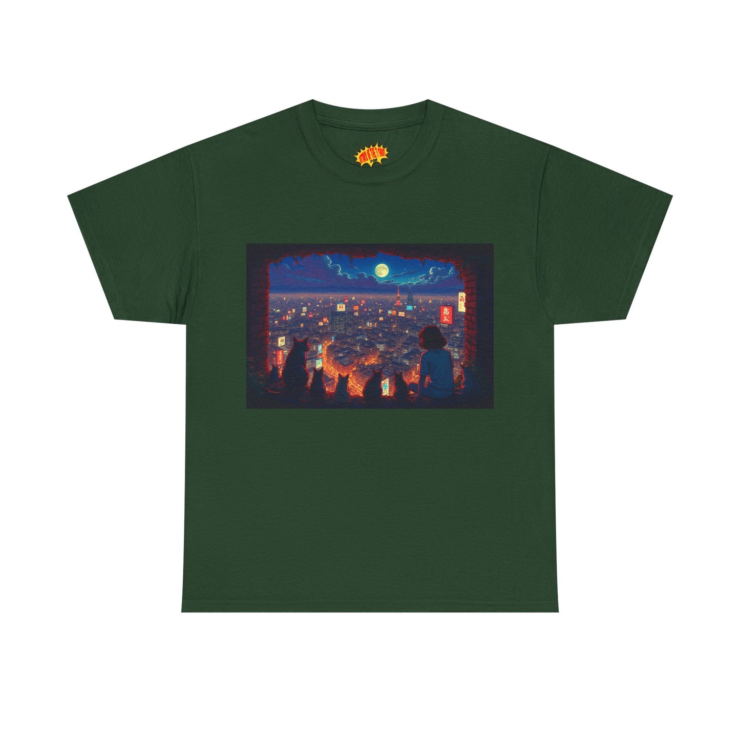Cityscape Anime Nighttime Scene w/Girl & Cats T-Shirt *Multiple Colors*