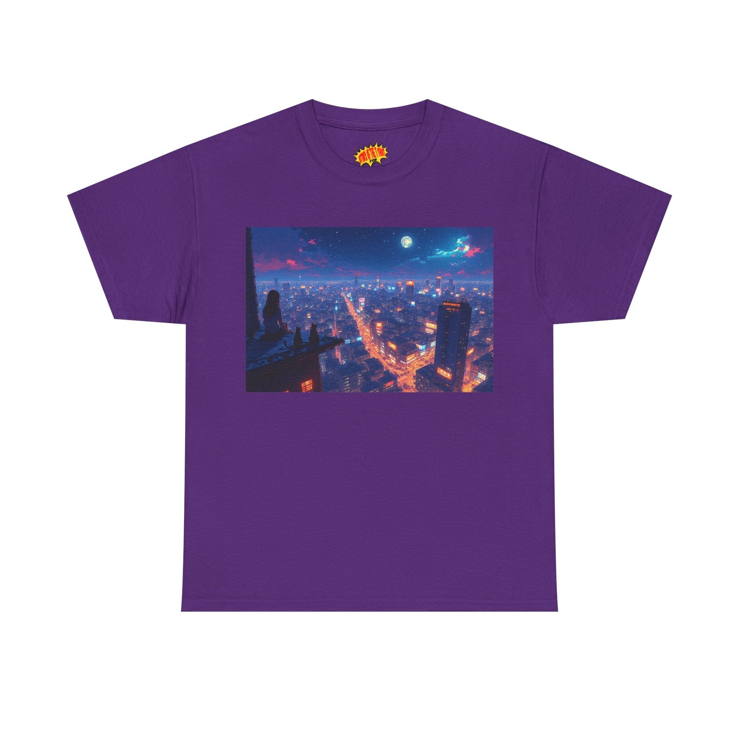 Nighttime Neon Anime Cityscape w/Cats T-Shirt *Multiple Colors*