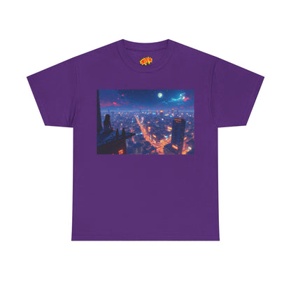 Nighttime Neon Anime Cityscape w/Cats T-Shirt