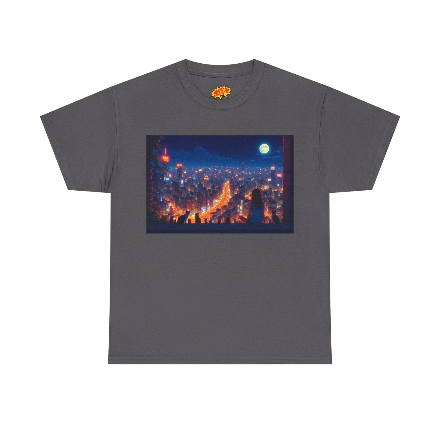 Anime City Night Scene w/Girl & Cats T-Shirt *Multiple Colors*