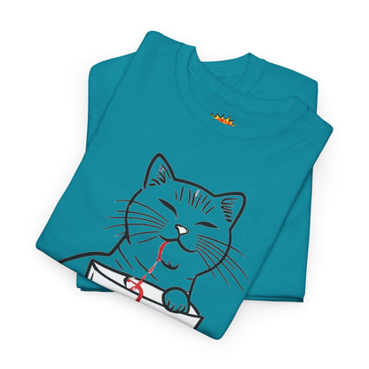 Cat w/Noodle Cup + Yarn Ball Art Drawing Tee Shirt