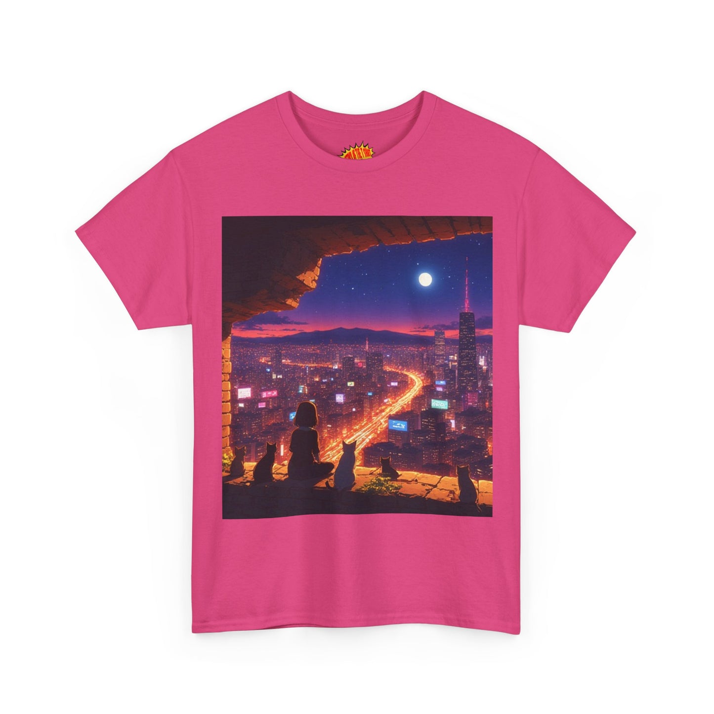 Anime Neon Cityscape Full Moon Scene w/Girl & Cats T-Shirt *Multiple Colors*