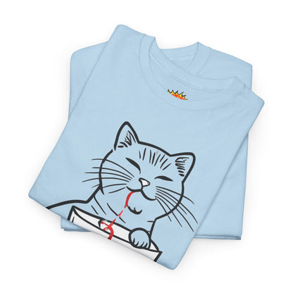 Cat w/Noodle Cup + Yarn Ball Art Drawing Tee Shirt