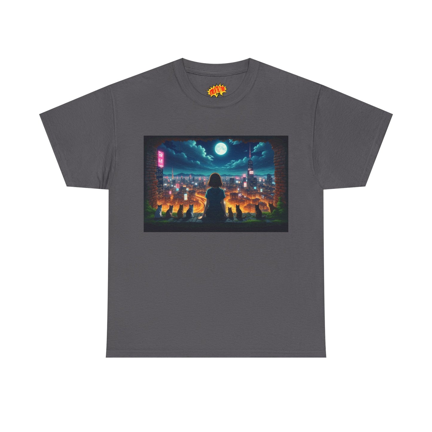 Anime Neon City Night Scene w/Girl & Cats T-Shirt *Multiple Colors*