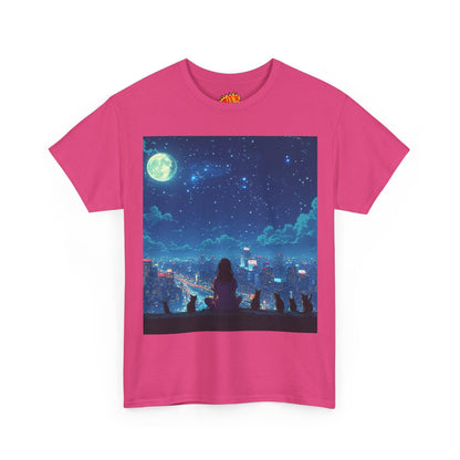 Anime Full Moon City Scene w/Girl & Cats T-Shirt