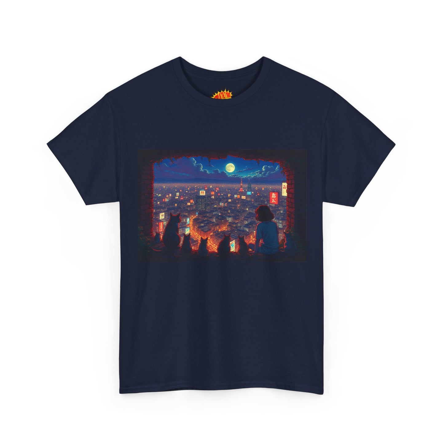 Cityscape Anime Nighttime Scene w/Girl & Cats T-Shirt *Multiple Colors*