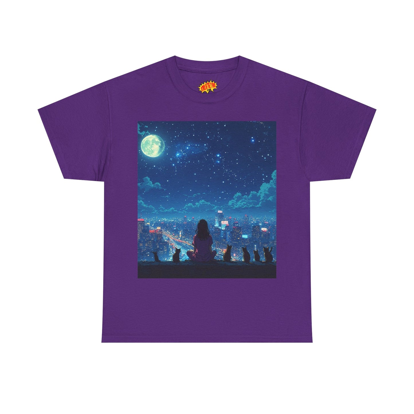 Anime Full Moon City Scene w/Girl & Cats T-Shirt *Multiple Colors*
