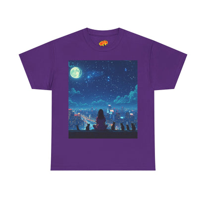 Anime Full Moon City Scene w/Girl & Cats T-Shirt
