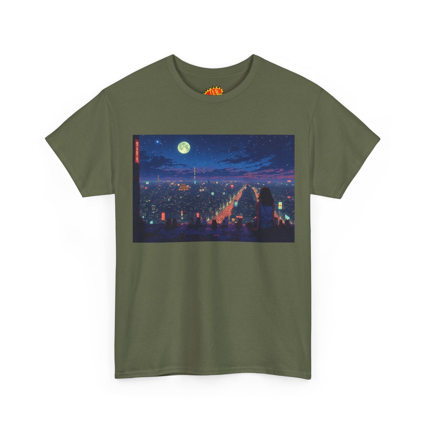 Anime Nighttime Neon Cityscape w/Cats T-Shirt *Multiple Colors*