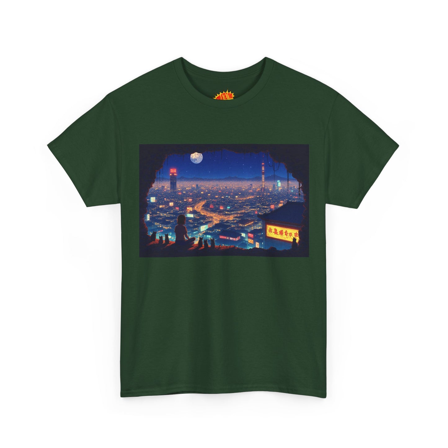 Anime Neon Cityscape Scene w/Girl & Cats T-Shirt *Multiple Colors*