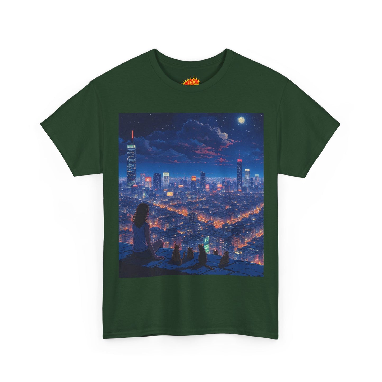 Neon Anime Cityscape Scene w/Girl & Cats T-Shirt *Multiple Colors*